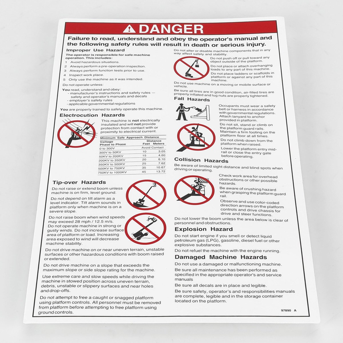 DECAL DANGER TIP OVER TRAYS